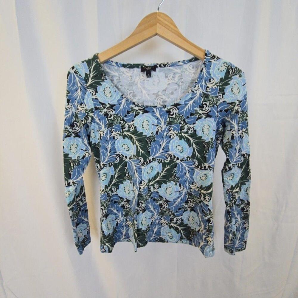 Talbots Petites Shirt Womens Petite Small Blue Floral Scoop Neck Long Sleeve Tee